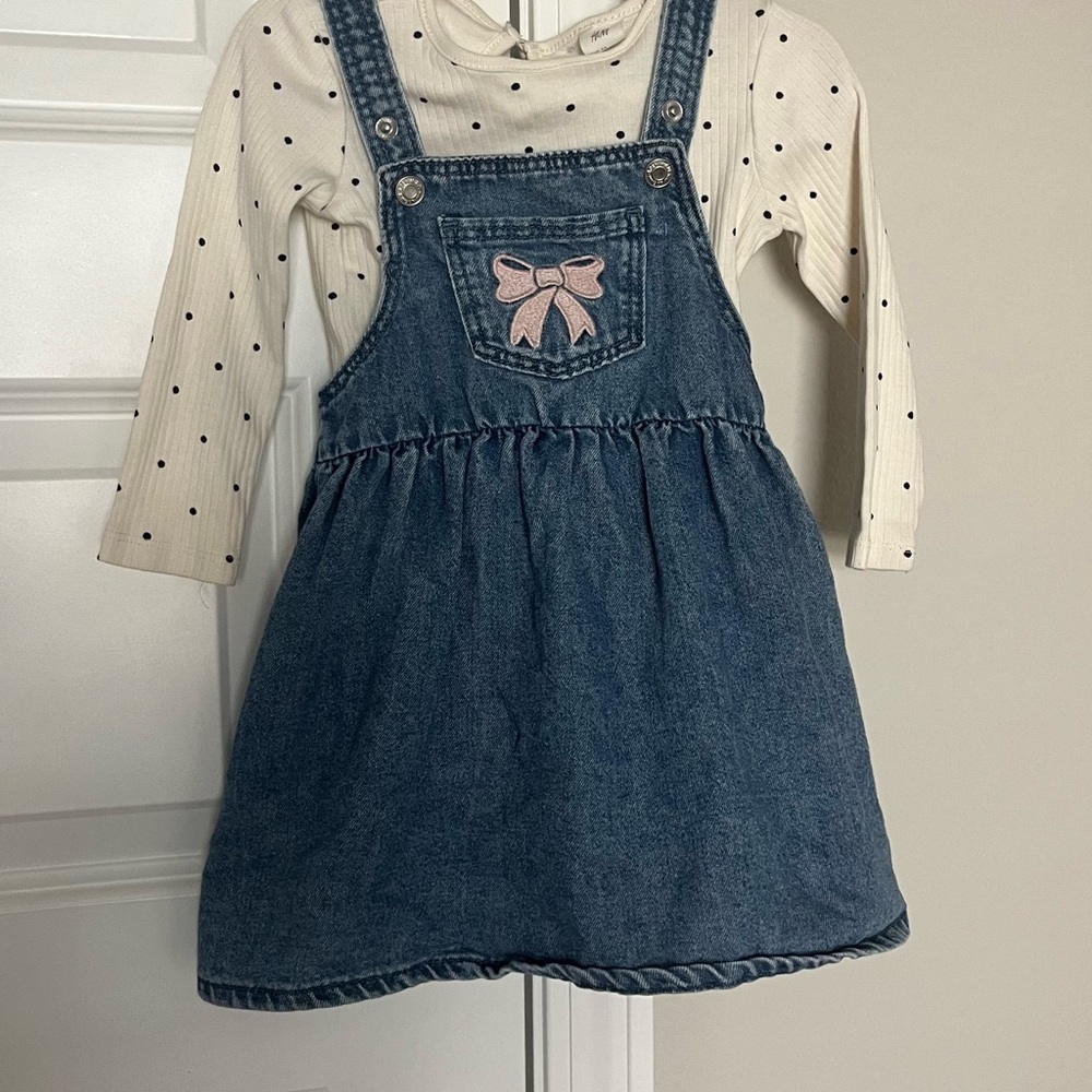 H&M Blue Denim Jumper with White Polka Dot Top